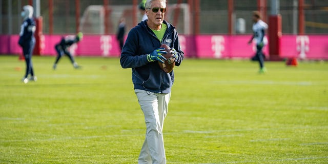 Head coach Pete Carroll of the Seattle Seahawks watches a practice at Saebener Strasse training ground on Nov. 10, 2022, in Munich, Germany.