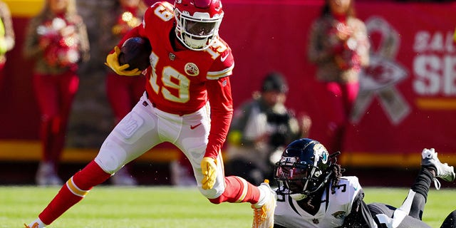 Kadarius Toney of the Kansas City Chiefs runs up the field after a reception in the second quarter against the Jacksonville Jaguars at Arrowhead Stadium on Nov. 13, 2022, in Kansas City.
