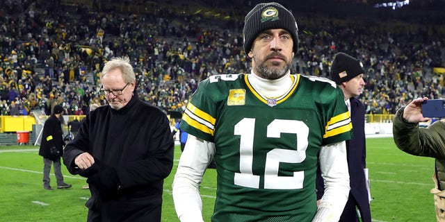 Aaron Rodgers, #12 of the Green Bay Packers, on the field after a win over the Dallas Cowboys at Lambeau Field on Nov. 13, 2022 in Green Bay, Wisconsin. 
