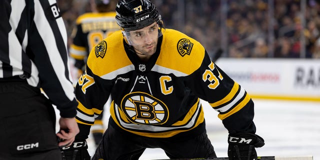 Patrice Bergeron of the Boston Bruins skates against the Vancouver Canucks during the first period at the TD Garden Nov. 13, 2022, in Boston.