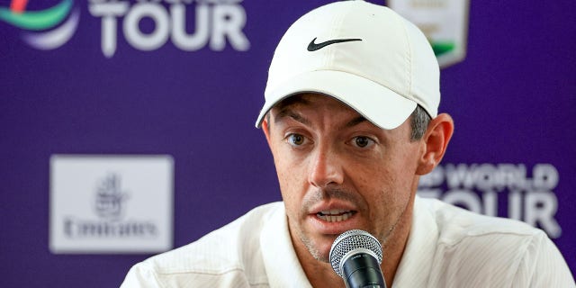 Rory McIlroy, of Northern Ireland, speaks to the media during his pre-tournament press conference as a preview for the DP World Tour Championship on the Earth Course at Jumeirah Golf Estates on Nov. 15, 2022 in Dubai, United Arab Emirates.