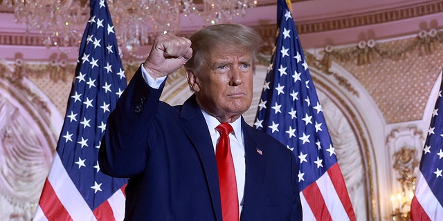 Former U.S. President Donald Trump gestures during an event at his Mar-a-Lago home on November 15, 2022, in Palm Beach, Florida. Trump announced that he was seeking another term in office and officially launched his 2024 presidential campaign.  