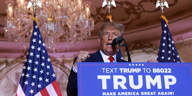 Former President Donald Trump speaks during an event at his Mar-a-Lago home on November 15, 2022 in Palm Beach, Florida.