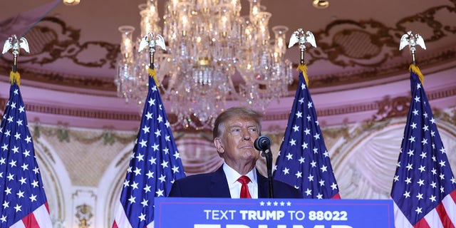 President Donald Trump speaks during an event at his Mar-a-Lago home on November 15, 2022 in Palm Beach, Florida. Trump announced that he was seeking another term in office and officially launched his 2024 campaign.  