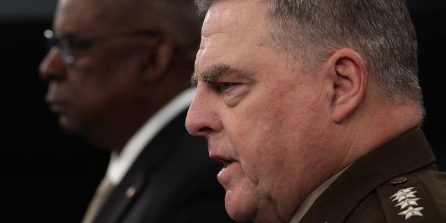 ARLINGTON, VIRGINIA - NOVEMBER 16: Secretary of Defense Lloyd Austin and Chairman of the Joint Chiefs of Staff General Mark Milley speak to members of the press following a virtual meeting of the Ukraine Defense Contact Group at the Pentagon November 16, 2022 in Arlington. Virginia.