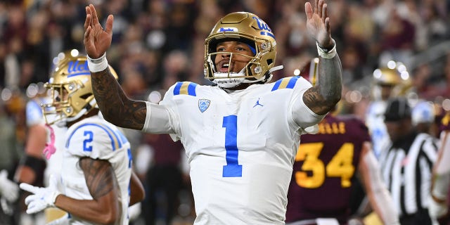 Dorian Thompson-Robinson, #1 of the UCLA Bruins, celebrates a touchdown against the Arizona State Sun Devils at Sun Devil Stadium on November 5, 2022, in Tempe, Arizona.