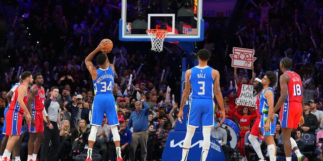 Giannis Antetokounmpo, #34 of the Milwaukee Bucks, attempts a foul shot against the Philadelphia 76ers at the Wells Fargo Center on November 18, 2022, in Philadelphia, Pennsylvania.