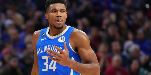 Giannis Antetokounmpo, #34 of the Milwaukee Bucks, reacts against the Philadelphia 76ers at the Wells Fargo Center on November 18, 2022, in Philadelphia, Pennsylvania.