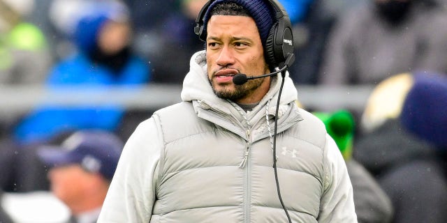 Head coach Marcus Freeman of the Notre Dame Fighting Irish looks on in the first half against the Boston College Eagles at Notre Dame Stadium Nov. 19, 2022, in South Bend, Ind. 