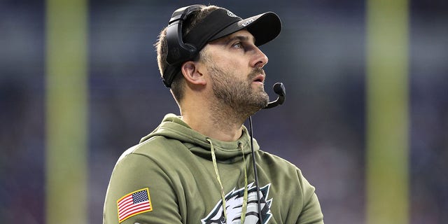 Head coach Nick Sirianni of the Philadelphia Eagles looks on during the second half against the Indianapolis Colts at Lucas Oil Stadium on November 20, 2022 in Indianapolis, Indiana. 