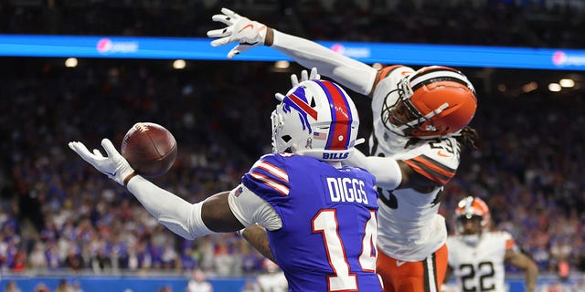 Stefon Diggs of the Buffalo Bills attempts to catch a touchdown while Martin Emerson Jr. of the Cleveland Browns defends at Ford Field on Nov. 20, 2022, in Detroit, Michigan.