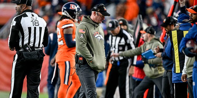 Head coach Nathaniel Hackett of the Denver Broncos reacts to a penalty call against the Broncos during the fourth quarter of the Las Vegas Raiders' 22-16 win at Empower Field at Mile High in Denver Nov. 20, 2022. 