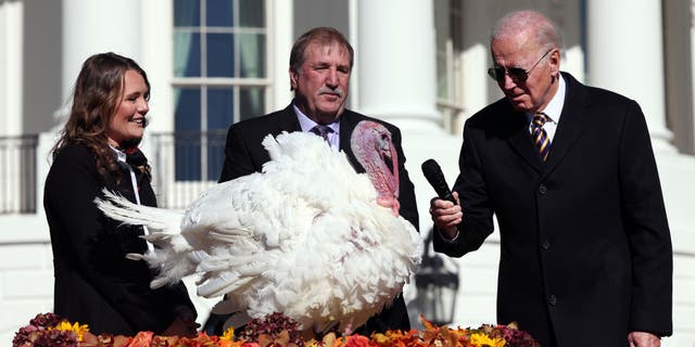 President Biden pardons Chocolate, the national Thanksgiving turkey, on the South Lawn of the White House in Washington, D.C., on Monday.