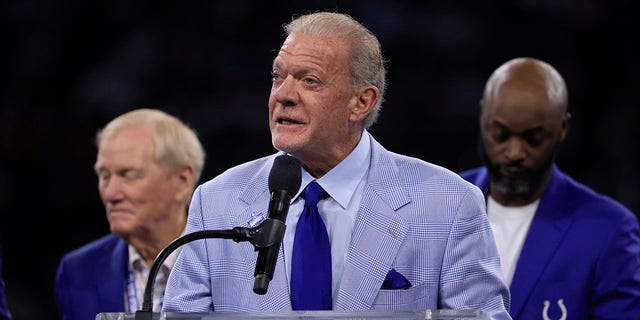 Colts owner Jim Irsay speaks during the ring of honor ceremony for Tariq Glenn at Lucas Oil Stadium on October 30, 2022 in Indianapolis. 