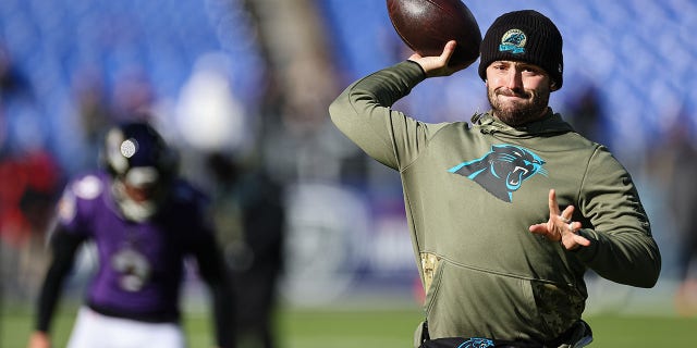 Baker Mayfield, number 6 of the Carolina Panthers, throws the ball before the game against the Baltimore Ravens at M&T Bank Stadium on November 20, 2022 in Baltimore.