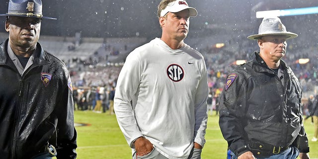 Mississippi Rebels head coach Lane Kiffin watches a game against the Mississippi State Bulldogs at Vought Hemingway Stadium on November 24, 2022 in Oxford, Mississippi. 