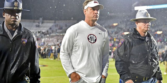 Head coach Lane Kiffin of the Mississippi Rebels looks on after the game against the Mississippi State Bulldogs at Vaught-Hemingway Stadium on November 24, 2022, in Oxford, Mississippi.