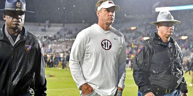 Mississippi Rebels head coach Lane Kiffin looks on after the game against the Mississippi State Bulldogs at Vaught-Hemingway Stadium on November 24, 2022 in Oxford, Mississippi. 