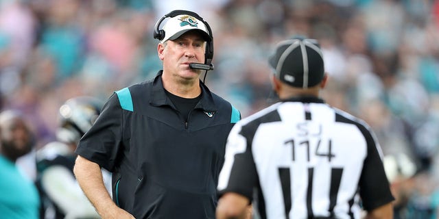 Jacksonville Jaguars head coach Doug Pederson on the sidelines during the fourth quarter of a game against the Baltimore Ravens at TIAA Bank Field on November 27, 2022 in Jacksonville, Florida. 