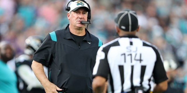 Jacksonville Jaguars head coach Doug Pederson on the sideline during the fourth quarter of a game against the Baltimore Ravens at TIAA Bank Field on November 27, 2022 in Jacksonville, Florida.