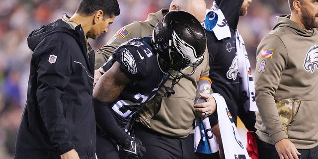 C.J. Gardner-Johnson of the Eagles is helped off the field after suffering an injury at Lincoln Financial Field on Nov. 27, 2022, in Philadelphia.