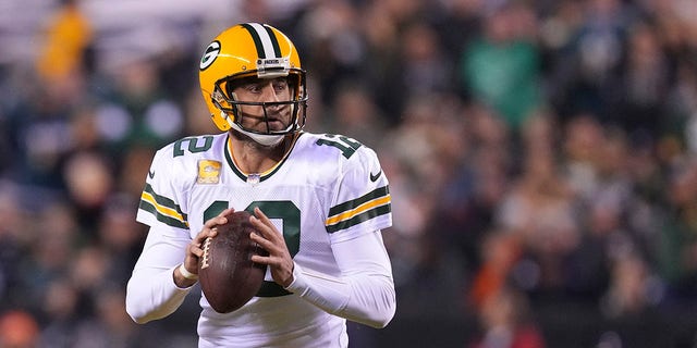 Green Bay Packers number 12 Aaron Rodgers looks to pass the ball against the Philadelphia Eagles at Lincoln Financial Field on November 27, 2022 in Philadelphia, Pennsylvania. 