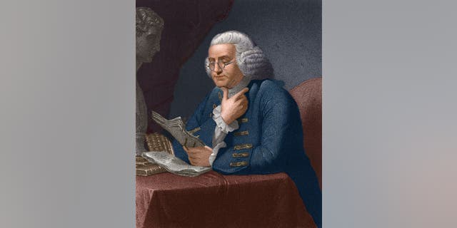 Illustration of American statesman and scientist Benjamin Franklin (1706-1790) as he reads at a table, late 18th century.