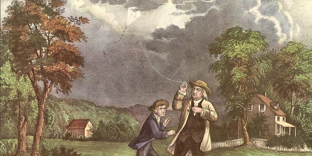 A Currier and Ives lithograph of Benjamin Franklin and his son William using a kite and key during a storm to prove that lightning was electricity, June 1752. Franklin achieved fame in the London scientific community for his research on electricity.  