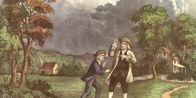 A Currier and Ives lithograph of Benjamin Franklin and his son William using a kite and key during a storm to prove that lightning was electricity, June 1752. Franklin achieved fame in the London scientific community for his research on electricity.
