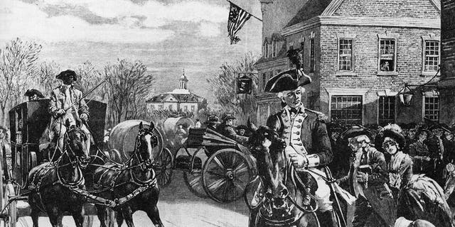 Der amerikanische Militärführer George Washington (1732-1799) verlässt Fraunces Tavern in New York City, nachdem er sich von den Offizieren seiner Armee verabschiedet hat.