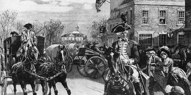 American military leader George Washington (1732-1799) leaves Fraunces Tavern in New York City after bidding farewell to the officers of his army.