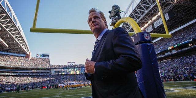 NFL Commissioner Roger Goodell walks on the sidelines before the game between the Seattle Seahawks and the Green Bay Packers at CenturyLink Field on September 4, 2014 in Seattle, Washington. 