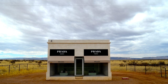 The Prada Marfa sculpture by artists Elmgreen and Dragset is pictured on March 3, 2014, in Marfa, Texas.