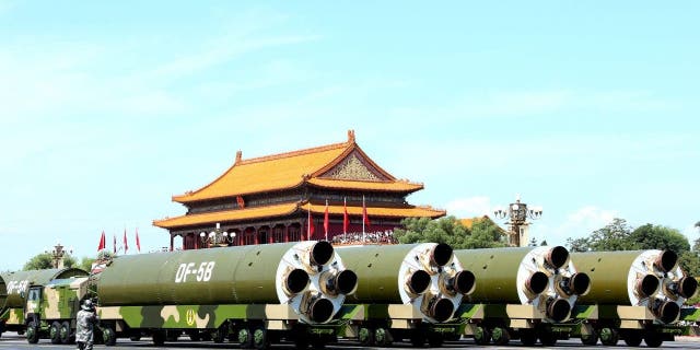 FILE -- Nuclear missiles are seen during a parade in Beijing, capital of China, Sept. 3, 2015. China on Thursday held commemoration activities, including a grand military parade, to mark the 70th anniversary of the victory of the Chinese People's War of Resistance Against Japanese Aggression and the World Anti-Fascist War.