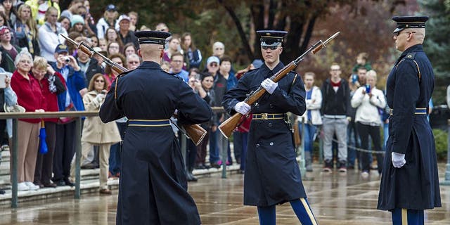 The Changing of The Guard ceremony is seen at the Tomb of the Unknown Soldier on Nov. 10, 2015, at Arlington National Cemetery in Virginia. 