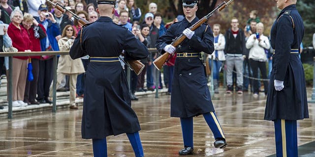 The Changing of The Guard ceremony is seen at the Tomb of the Unknown Soldier on Nov. 10, 2015, at Arlington National Cemetery in Virginia.