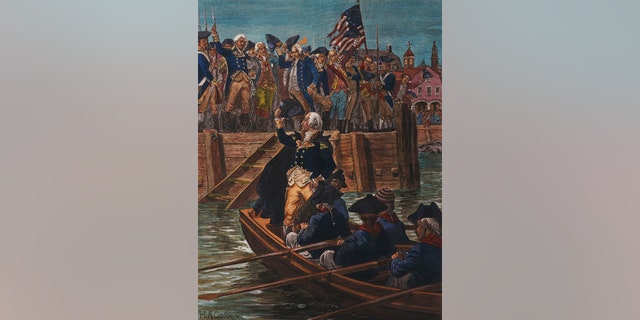 General George Washington leaving New York on Dec. 4, 1783, the day he delivered his farewell address to his troops.