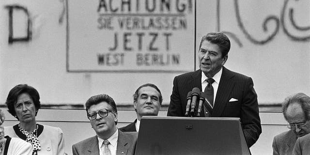 Ronald Reagan, making his famous challenge to Mikhail Gorbachev to tear down the Berlin Wall, June 12, 1987. 