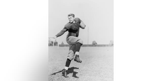 Ronald Reagan is shown here as he appeared when he played George Gipp in the 1940 Warner Brothers film, "Knute Rockne, All American."