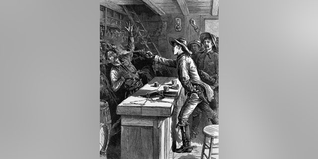 Billy the Kid, American outlaw, is depicted shooting down his foe, who had taken refuge behind a saloon bar.