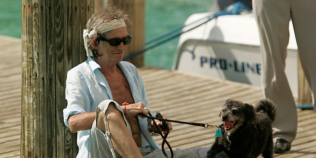 Rolling Stones guitarist Keith Richards lounges with his dog on a dock at Parrot Cay, a 1,000-acre private island resort in the Turks and Caicos. Richards has a residence on the island. 