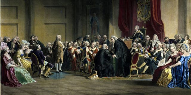 Ben Franklin in Whitehall Chapel, London, 1774, painted by C. Schuessele; engraved by Whitechurch. Dated 1859. Benjamin Franklin standing before the Lords in Council in Whitehall Chapel, London in 1774, presenting the concerns of the American colonists. 