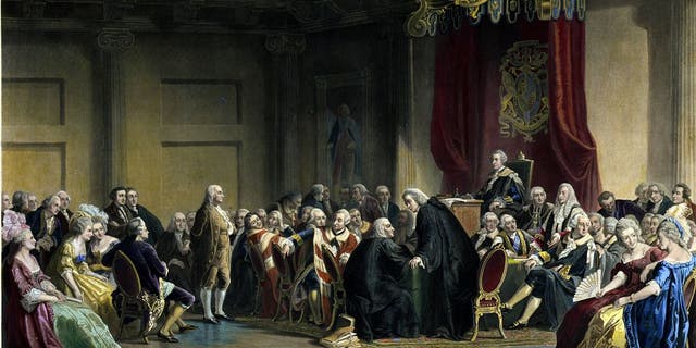 Ben Franklin in Whitehall Chapel, London, 1774, painted by C. Schuessele; engraved by Whitechurch. Dated 1859. Benjamin Franklin standing before the Lords in Council in Whitehall Chapel, London in 1774, presenting the concerns of the American colonists.