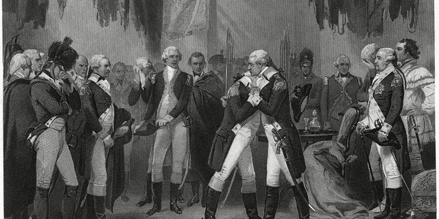 Washingtons Abschied von seinen Offizieren im Jahr 1783 nach einem Gemälde von Alonzo Chappell, 1866, Stich von T. Phillibrown, gedruckt um 1879 von Henry J. Johnson Publisher, New York.