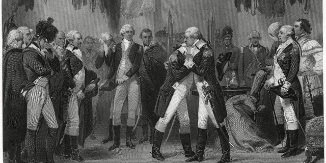 Washington's farewell to his officers in 1783 from a painting by Alonzo Chappell, 1866, engraving by T. Phillibrown printed circa 1879 by Henry J. Johnson Publisher, New York.