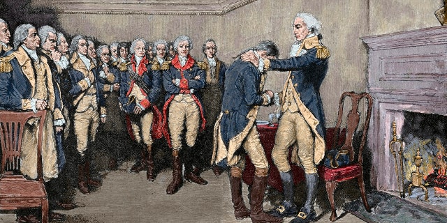 George Washington's farewell to his officers at Fraunces Tavern in New York City on Dec. 4, 1783, marked his resignation as commander of the Continental Army after the Revolutionary War victory.