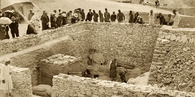 Outside the tomb of King Tutankhamun in Egypt's Valley of the Kings back in 1922, Lord Carnavon, his daughter Lady Evelyn Herbert and archaeologist Howard Carter stand at the entrance.