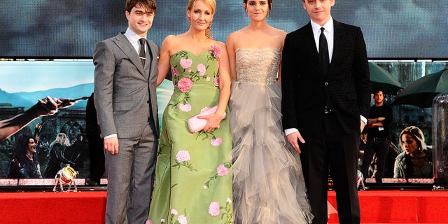 JK Rowling and Cast "Harry potter," From left to right, Daniel Radcliffe, Emma Watson, and Rupert Grint played Harry, Hermione, and Ron, respectively.