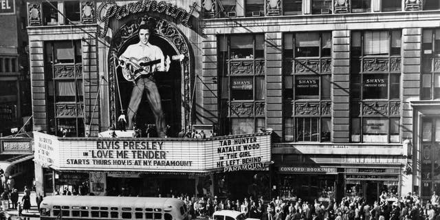 Photo of Paramount Theatre as it advertises the Elvis Presley film "Love Me Tender."