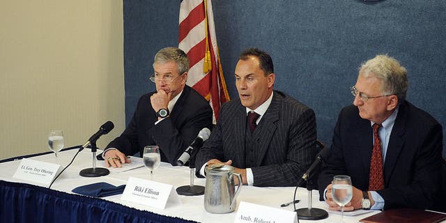 Missile Defense Advocacy Alliance Chairman and Founder Riki Ellison, center, is shown at a news conference, April 3, 2009, at the National Press Club in Washington, D.C.